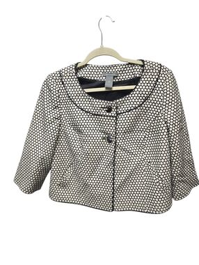Ann Taylor Cream/Black Honeycomb Pattern Cropped 3/4 Sleeve Silk Blazer Sz .